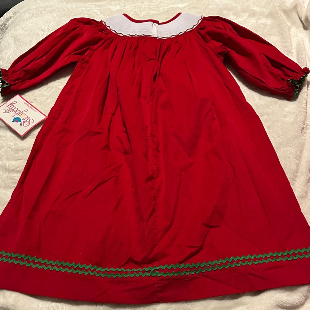 Stellybelly Red Corduroy Smocked Christmas Wreath and Cardinal Dress Sz 6 NWT - Picture 5 of 5